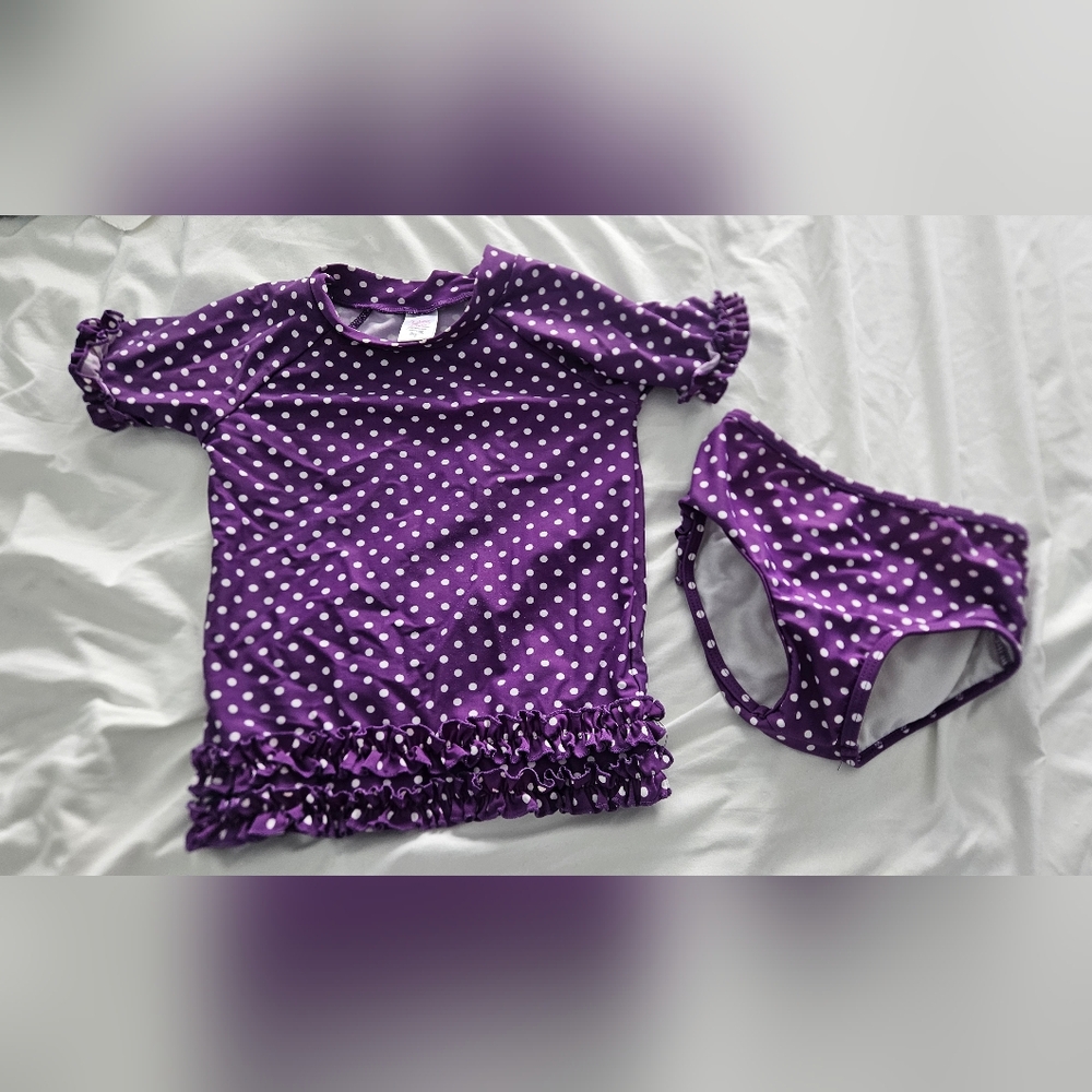 Ruffle Butts Purple and White Polka Dot Rashguard Swimsuit, Little Girls Size:6